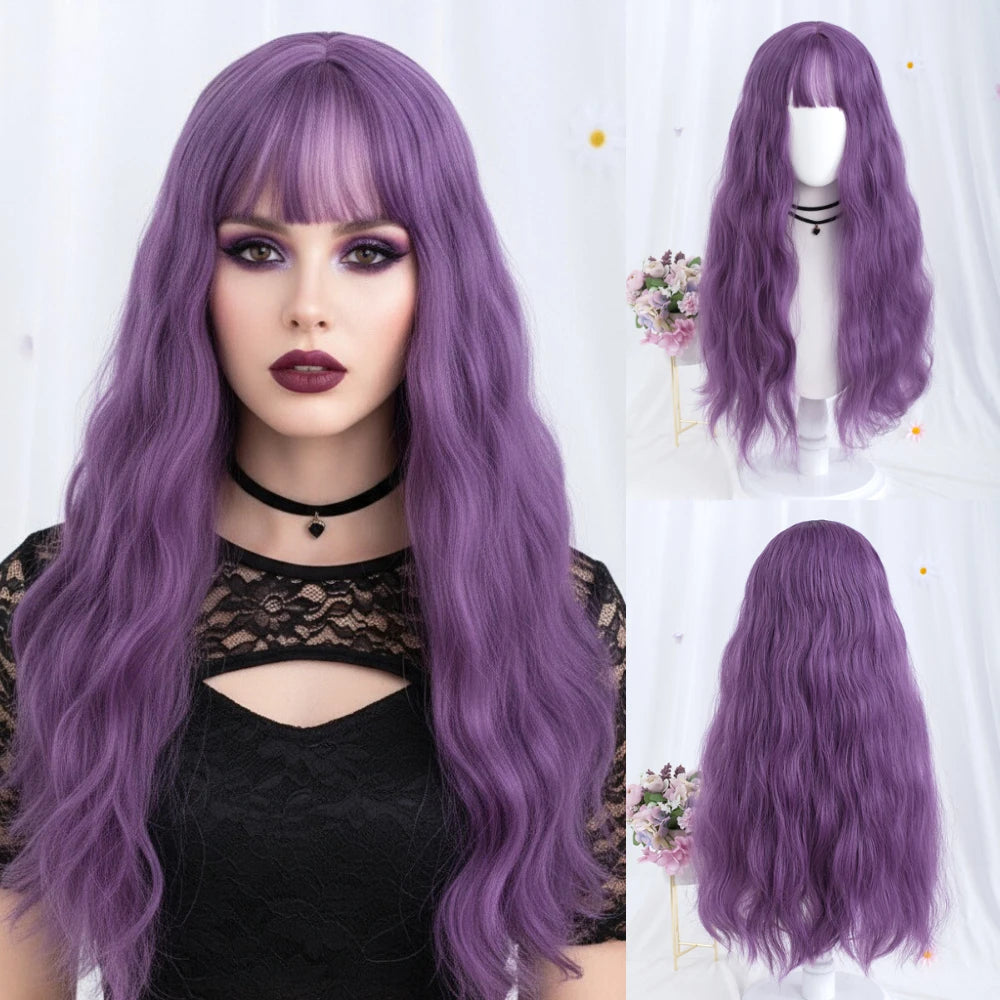 VICWIG Synthetic Hair Long Wavy Purple Green Black Blue Brown Cosplay Wig with Bangs for Women