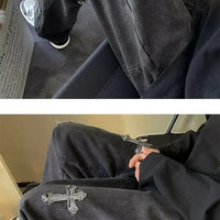 Cross Embroidery Y2k Jeans Mens Straight Denim Pants Casual Vintage Jeans Versatile Fashion Streetwear Spring High Street Pants