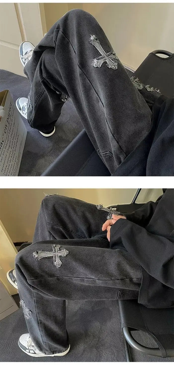 Cross Embroidery Y2k Jeans Mens Straight Denim Pants Casual Vintage Jeans Versatile Fashion Streetwear Spring High Street Pants