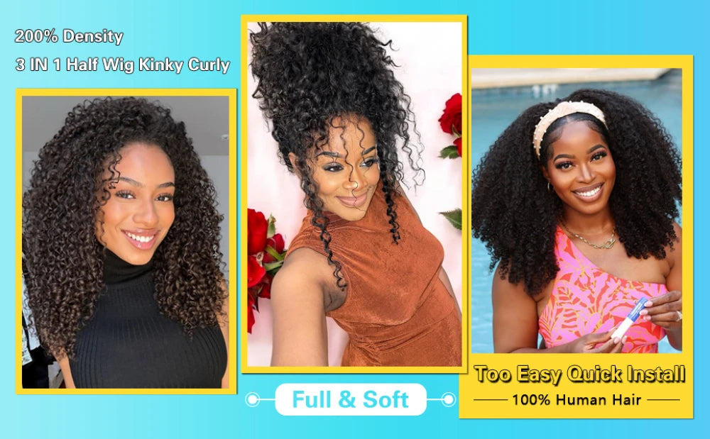 Half Wig Kinky Curly 200% Density Remy Hair Curly Wigs 100% Human Hair No Leave Out Upgrade Glueless Clip In Half Wigs For Women