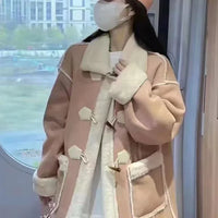 2025 Autumn Winter Women's Simple and Chic Long Coat with Button Design Lamb Wool Collar, Versatile and Stylish for Casual Wear