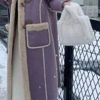 2025 Autumn Winter Women's Simple and Chic Long Coat with Button Design Lamb Wool Collar, Versatile and Stylish for Casual Wear