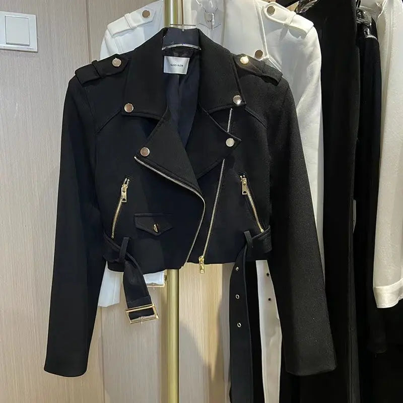 Korean version of the long-sleeved motorcycle jacket jacket women's spring and autumn new fashion temperament Joker suit collar