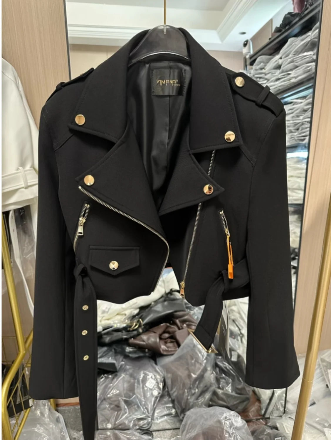 Korean version of the long-sleeved motorcycle jacket jacket women's spring and autumn new fashion temperament Joker suit collar