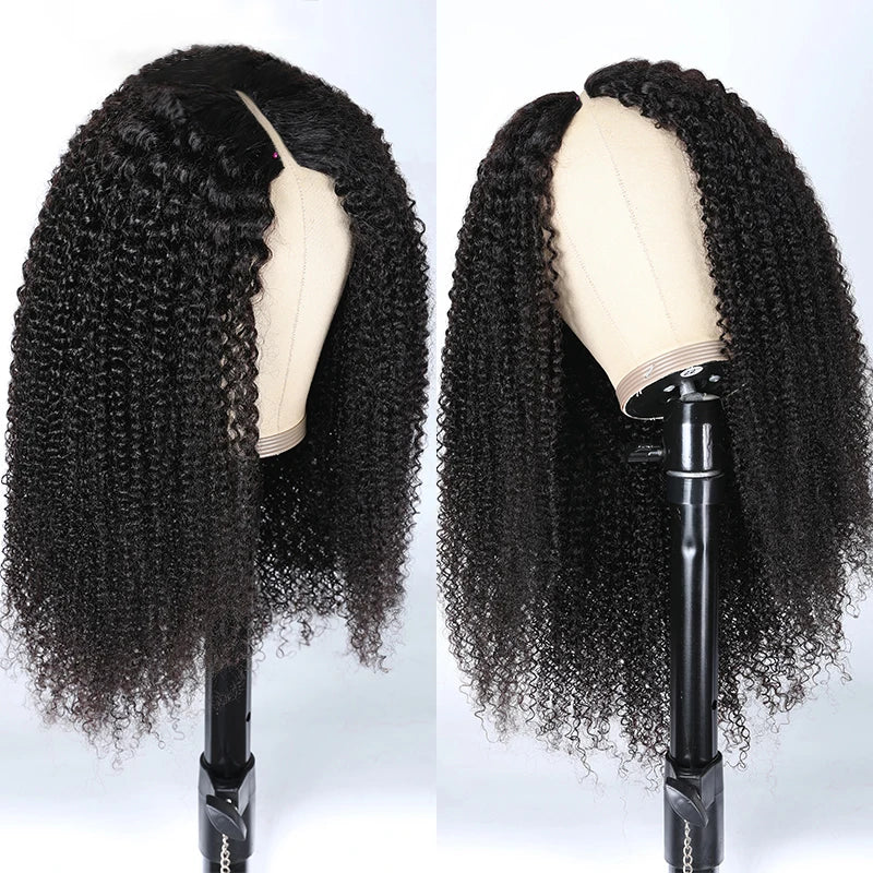 Kinky Curly V Part Wig Human Hair No Leave Out Thin Part Malaysian Hair Wigs for Women 250 Density Afro Curly V/U Part Wig 100%