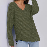 Women's Long Sleeve V-Neck T-Shirt Pit Stripe Milled Fashion Temperament Top