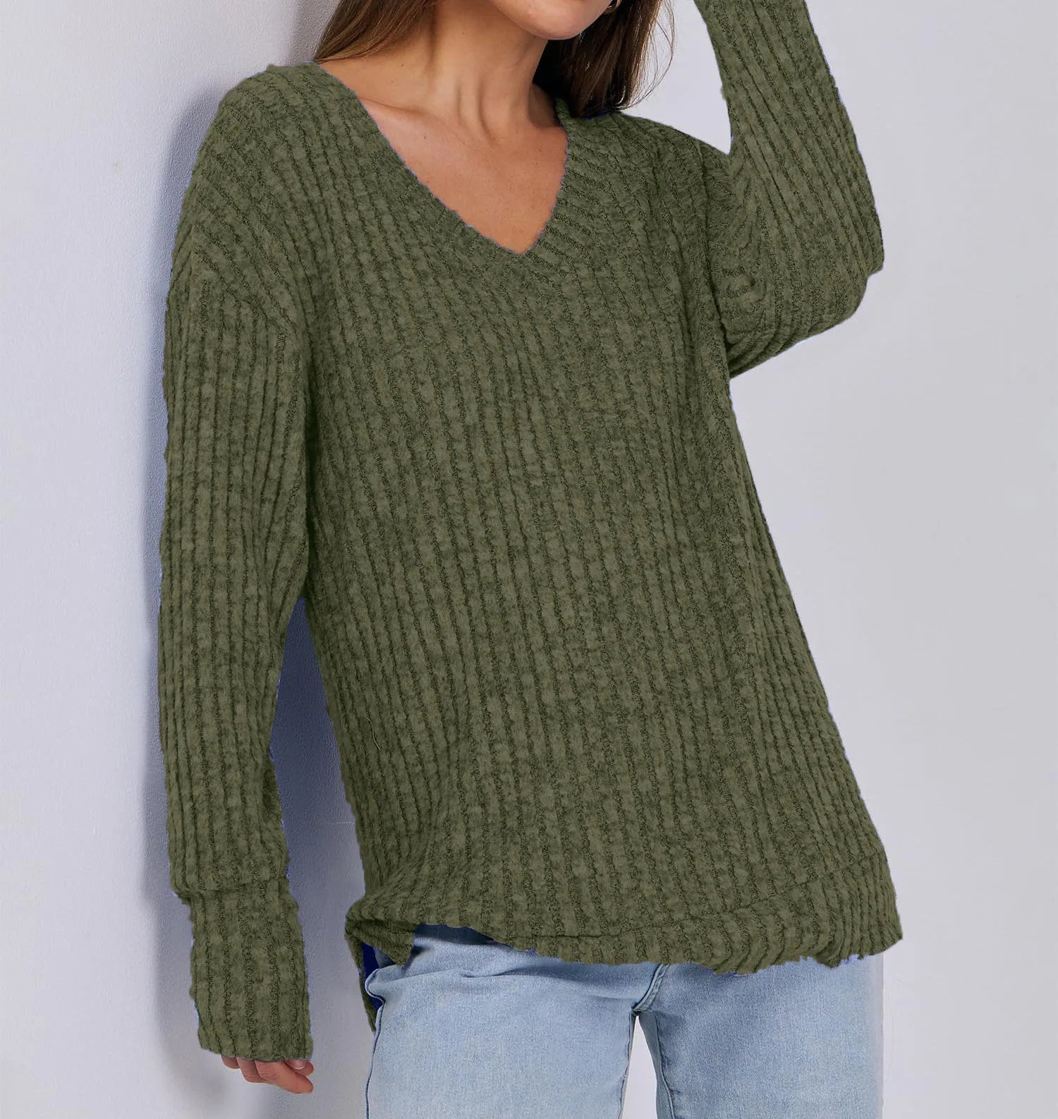 Women's Long Sleeve V-Neck T-Shirt Pit Stripe Milled Fashion Temperament Top