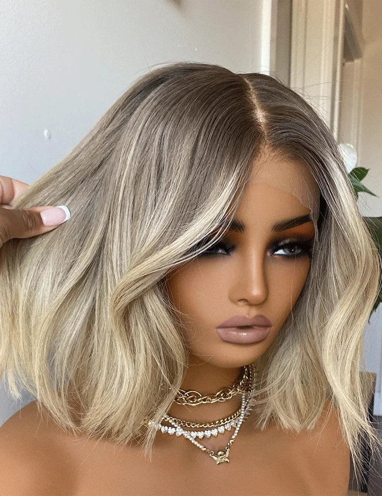 Synthetic Wig Hair Highlight Ash Blonde Straight Bob For Woman Lace Front Wig Bang Brazilian Hair Short Bob Wig