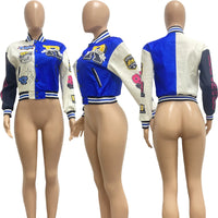 Winter Fall Jacket For Women Coat Trend O Neck Buttons Cropped Top Jacket Patchwork Baggy Blue Female Outerwear varsity jacket
