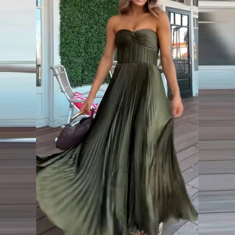 Backless Solid Color Zipper Women's Banquet Occasion Slim Fit Dress Host Program Strapless Pleated Long Dresses 2025 New Summer