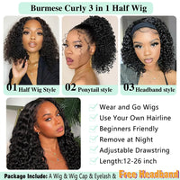 Burmese Curly Half Wig Human Hair Glueless Wig Human Hair Ready to Wear 3 IN 1 Half Wig Drawstring Burmese Glueless Half Wig