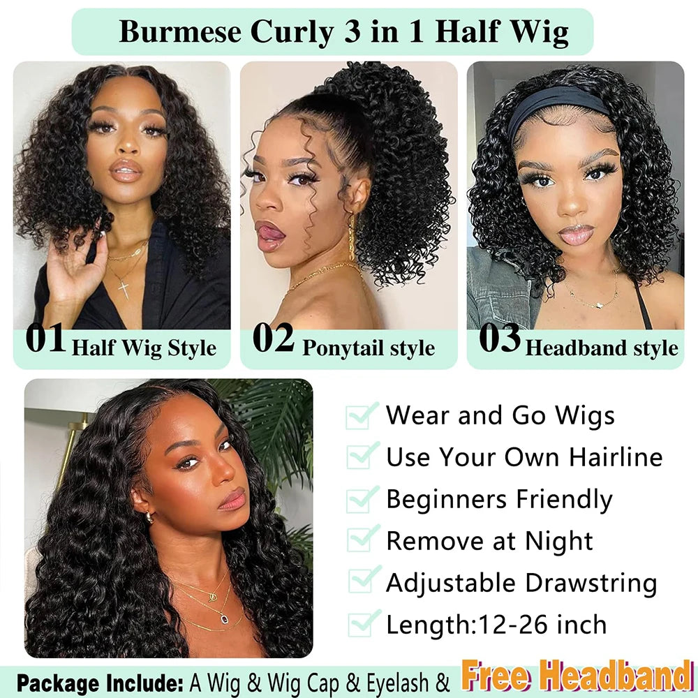 Burmese Curly Half Wig Human Hair Glueless Wig Human Hair Ready to Wear 3 IN 1 Half Wig Drawstring Burmese Glueless Half Wig