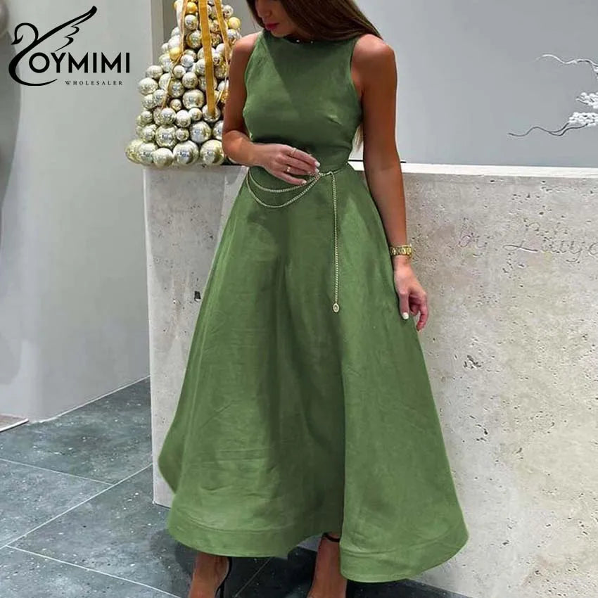 Oymimi Elegant Green Cotton Women's Dress Fashion O-Neck Sleeveless Dresses Casual New High Waist A-Line Mid-Calf Dresses Female