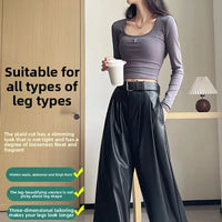 High Waist Wide Leg PU Leather Pants Women's Suit Casual Floor Length Trousers Autumn Winter New Style Loose Fit Long Pants