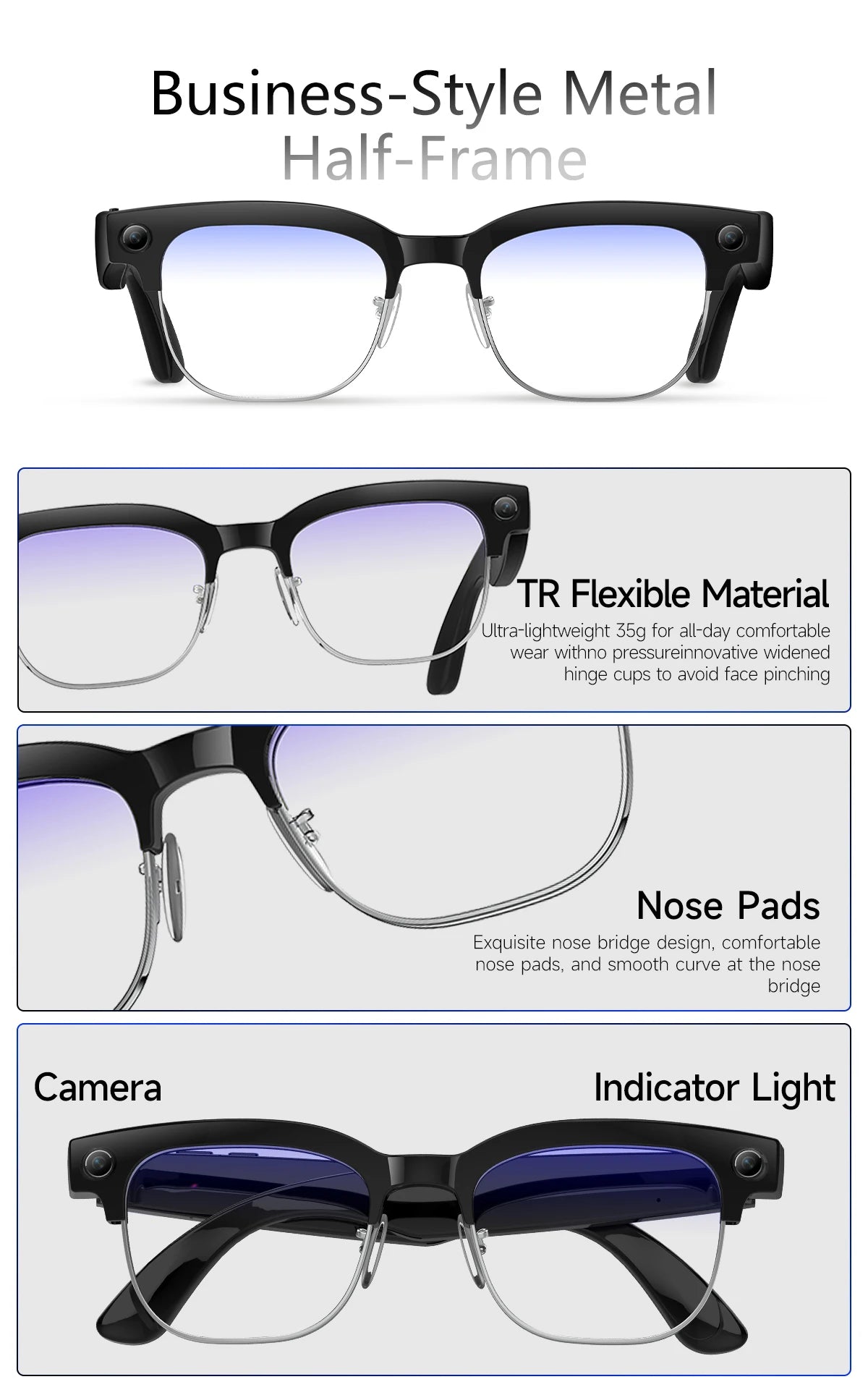 Smart AI Translation Smart Glasses Take Photos Recognizing Objects 4K Camera Bluetooth Music Call Intelligent Recording Glasses