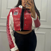 Cutenew Panelled Feather Women Coats New Letter Print Patchwork Buttons Full Sleeve Zip-up Crop Jackets Female Street Outwear