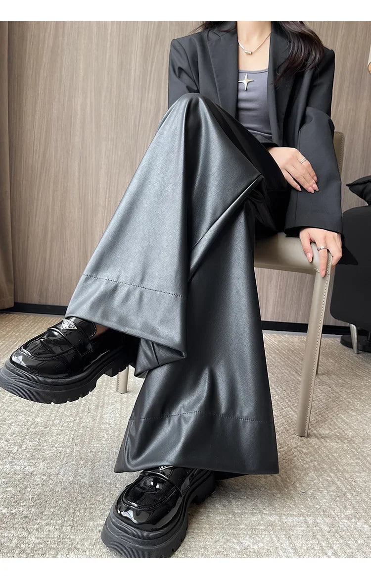 High Waist Wide Leg PU Leather Pants Women's Suit Casual Floor Length Trousers Autumn Winter New Style Loose Fit Long Pants