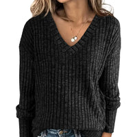 Women's Long Sleeve V-Neck T-Shirt Pit Stripe Milled Fashion Temperament Top