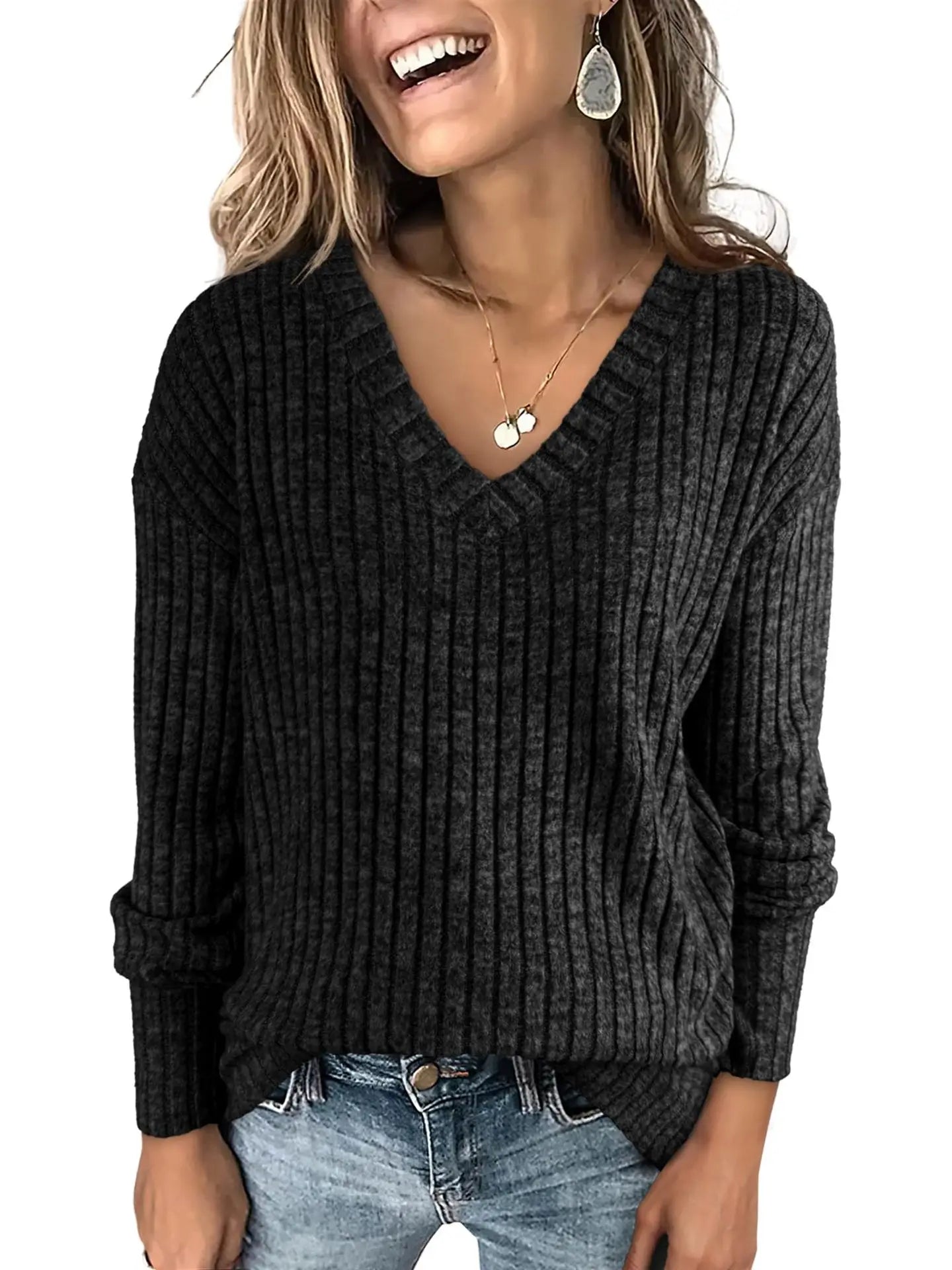 Women's Long Sleeve V-Neck T-Shirt Pit Stripe Milled Fashion Temperament Top