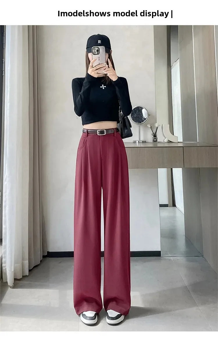 High Waist Slim Fit Straight Leg Suit Pants Wide Leg Casual Trousers Women's Autumn New Arrival Red Color Business Office Wear