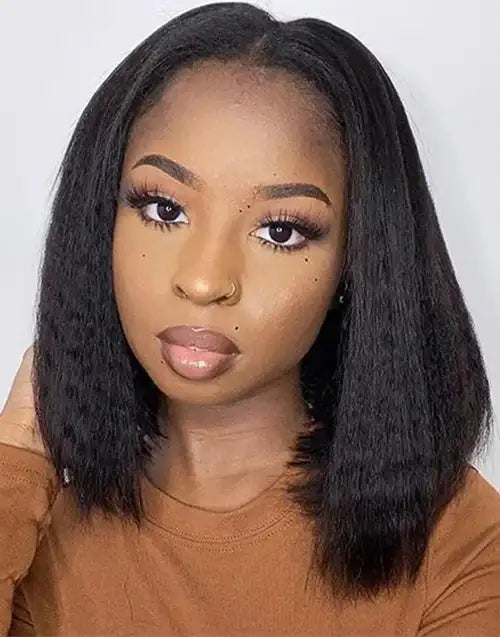 Kinky Straight Short Bob Human Hair Wigs for Women 13x4 Transparent Lace Frontal Peruvain Remy Hair Soft Yaki Straight Bob Wig