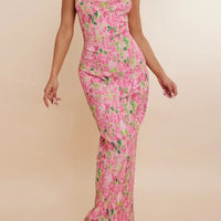 Folds Print Spaghetti Strap Slim Long Dresses Women Fashion Sexy Low Cut Package Hip Bodycon Party Dress Trendy Streetwear New