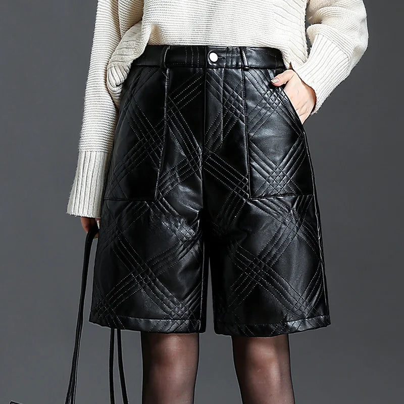 ZUZK  Warm Black PU Leather Thick Bermuda Shorts For Women Winter  Knee Length Shorts Motorcycle Punk High Waist Bermuda Femme