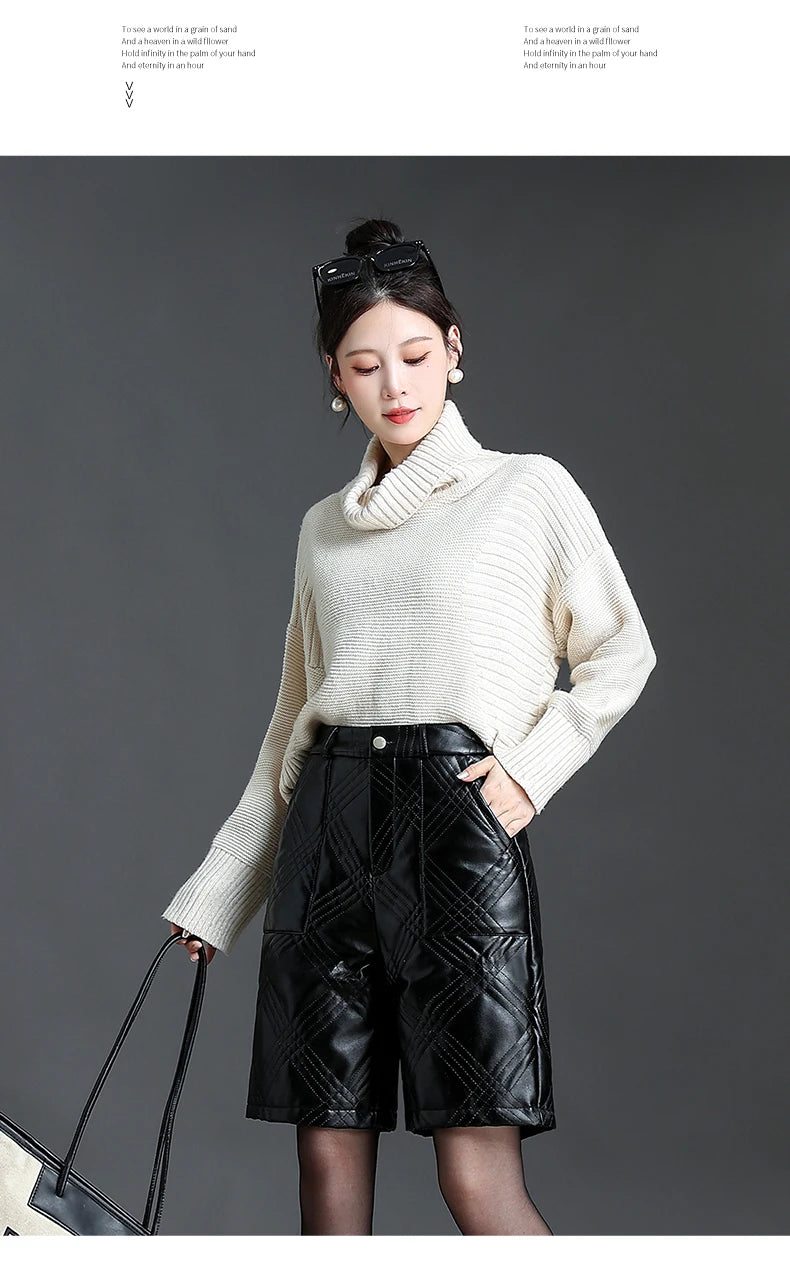 ZUZK  Warm Black PU Leather Thick Bermuda Shorts For Women Winter  Knee Length Shorts Motorcycle Punk High Waist Bermuda Femme
