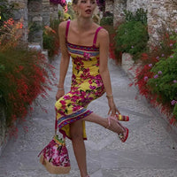 CNYISHE Flower Prints Camisoles Fashion Sheath Sexy Club Hot Girl Women Dresses Colorful Trendy Elegant Lady Female Bodycon