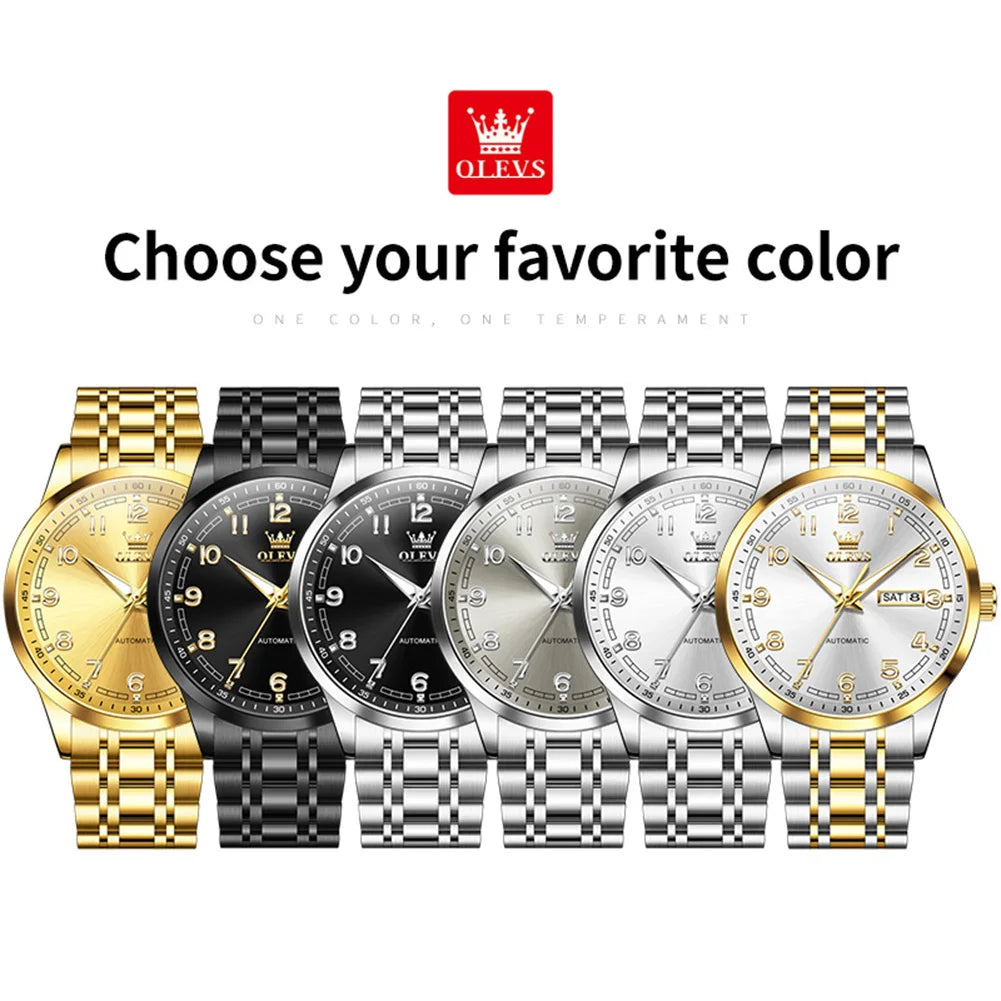 OLEVS Men Watches 7077 Luxury Fashion Top Brand Original Automatic Mechanical Watch for Man Double Scale Simple Trend Waterproof