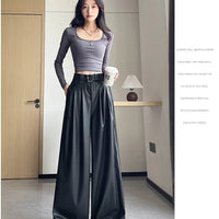 High Waist Wide Leg PU Leather Pants Women's Suit Casual Floor Length Trousers Autumn Winter New Style Loose Fit Long Pants
