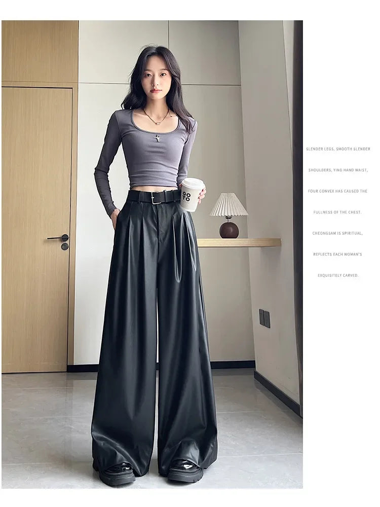 High Waist Wide Leg PU Leather Pants Women's Suit Casual Floor Length Trousers Autumn Winter New Style Loose Fit Long Pants