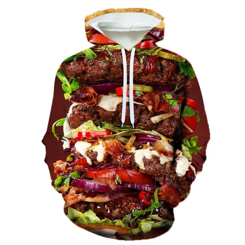3D Printing Steak Salad French Fries Food Hoodie For Men Long Sleeves Hooded Sweatshirt Hamburger Pattern Casual Pullovers