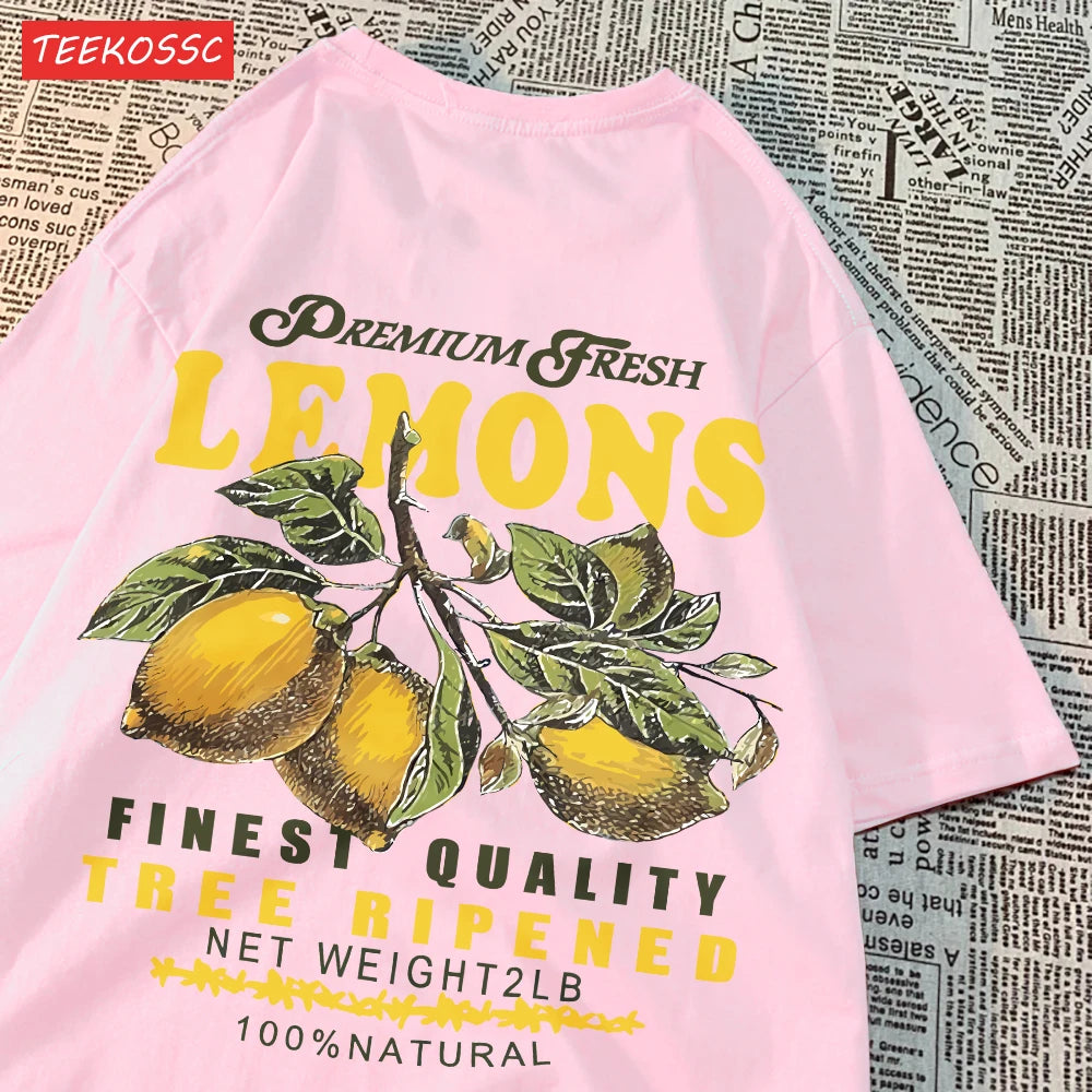 Summer Lemon Cherries Prints T-Shirts Cotton Women's Tops Oversize O-Neck Soft Short Sleeve tees Street Casual Womans Clothes