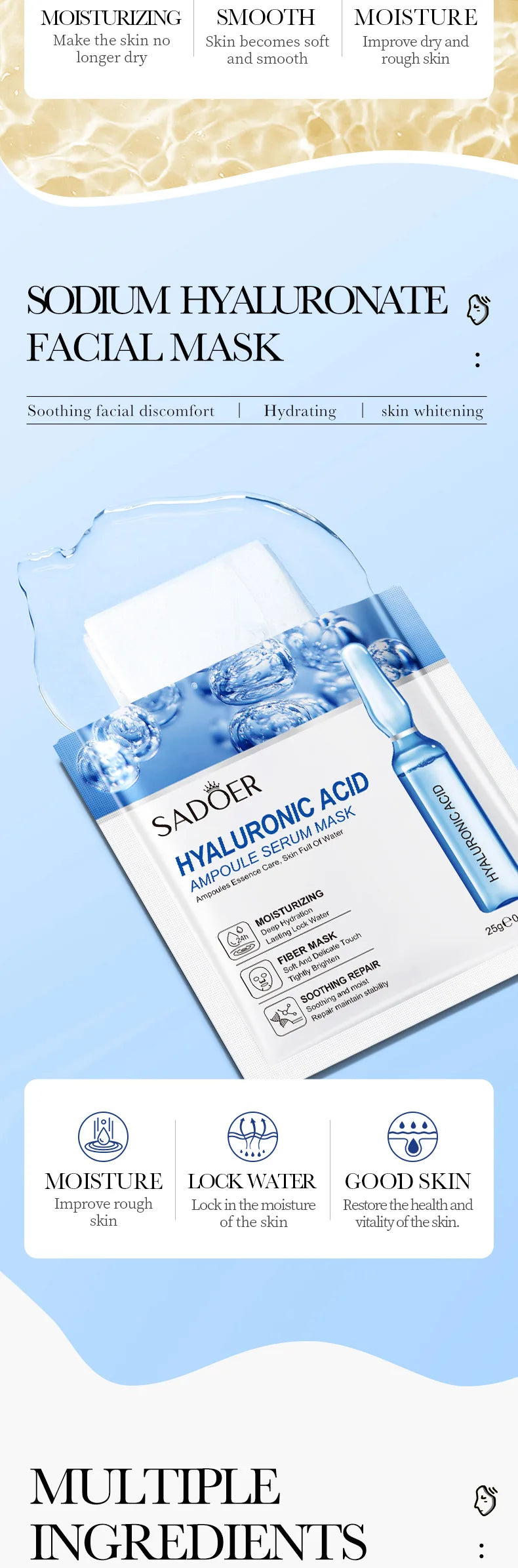 10pcs SADOER 24K Gold Vitamin C Hyaluronic Acid Face Mask Facial Moisturizing Firming Hydrating Facial Masks Skin Care Products