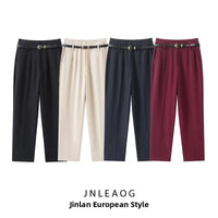 Faionable High Waist Belted Straight Leg Pants Women's Slim Fit Casual Autumn New Arrival Street Sle Polyester Fiber
