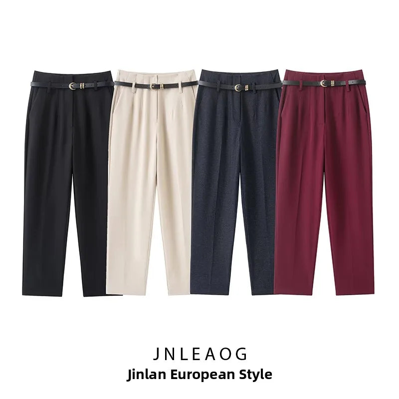 Faionable High Waist Belted Straight Leg Pants Women's Slim Fit Casual Autumn New Arrival Street Sle Polyester Fiber