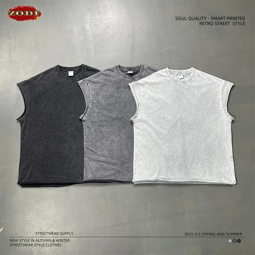 ZODF Trendy Summer Men Batik Washed 275gsm Cotton Tank Tops Unisex Oversized Loose Edge Sleeveless Vests Brand Tees HY1036