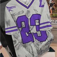 Summer Fashion Butterfly 23 Print TShirt For Women V-Neck Mesh Hole Short Sleeve Sports Football Jersey Y2K Loose Women Clothing