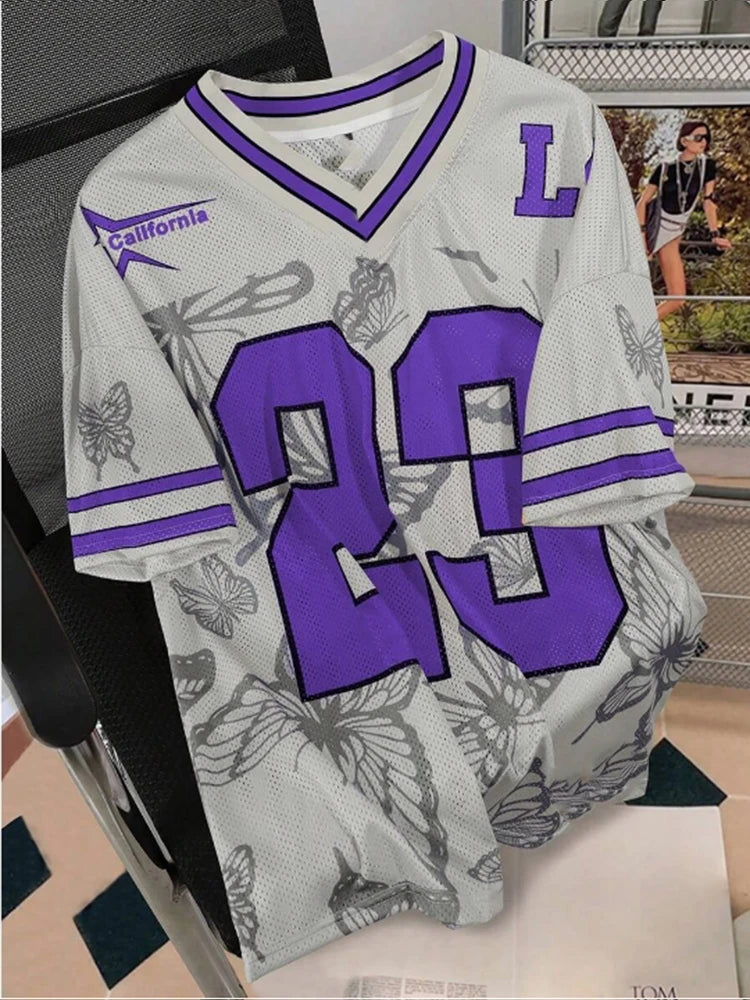 Summer Fashion Butterfly 23 Print TShirt For Women V-Neck Mesh Hole Short Sleeve Sports Football Jersey Y2K Loose Women Clothing