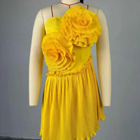 Joskaa 2025 Summer Women 3D Flower Decorate Strapless Pleated Irregular Hem Mini Dress Holiday Beachwear Party Clubwear S-XXL