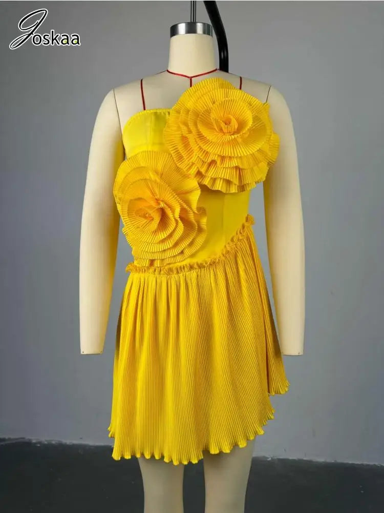 Joskaa 2025 Summer Women 3D Flower Decorate Strapless Pleated Irregular Hem Mini Dress Holiday Beachwear Party Clubwear S-XXL