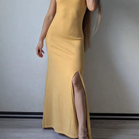 Knit Sleeveless Dresses For Women Long Elegant White High Slit Dress Bodycon Ladies Office Skinny Maxi Tank Rib Dress Female