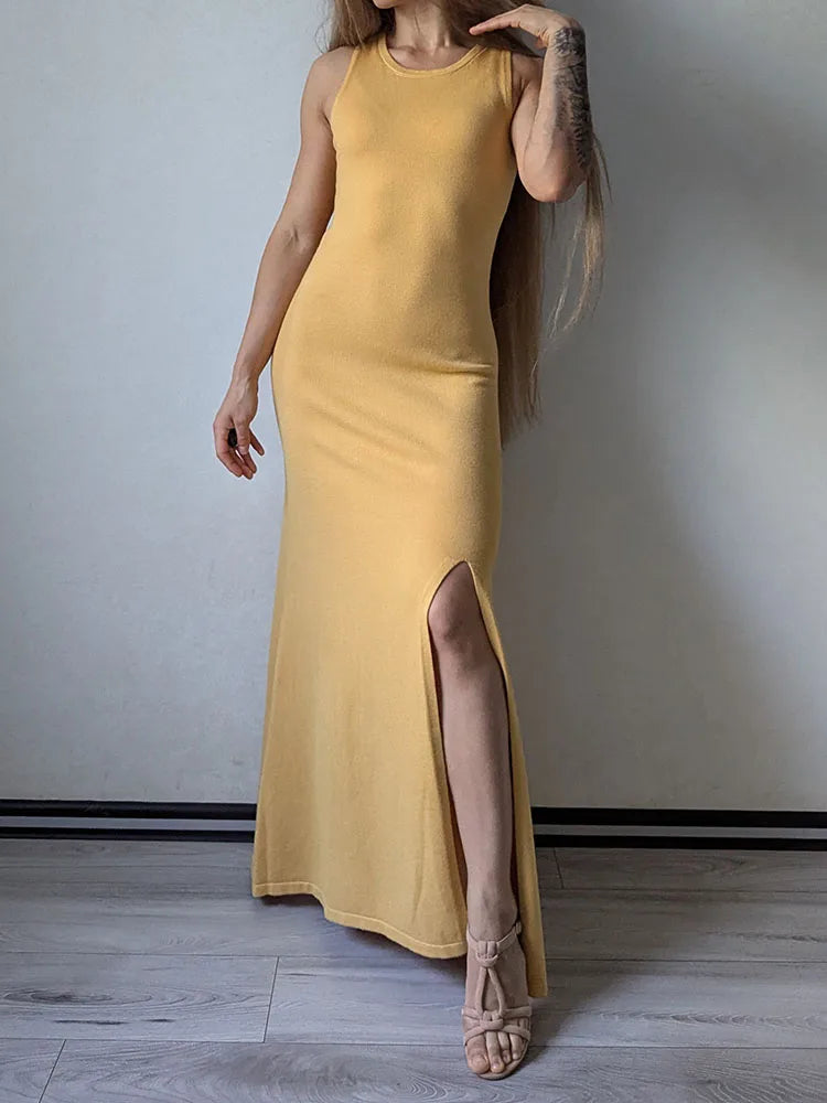 Knit Sleeveless Dresses For Women Long Elegant White High Slit Dress Bodycon Ladies Office Skinny Maxi Tank Rib Dress Female