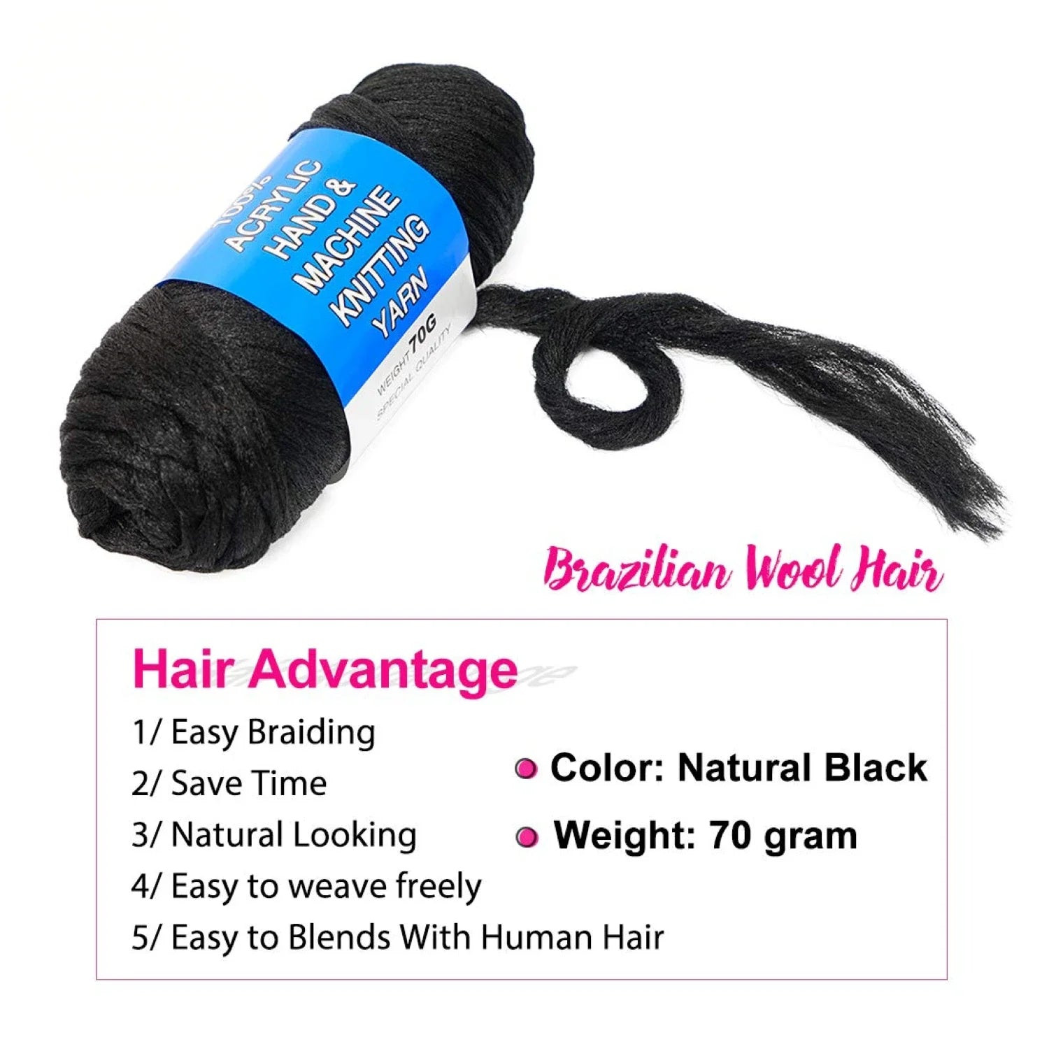 70g/ball Brazilian Wool Hair Yarn for Braiding Synthetic Artificial Senegalese Twisting Wig Hair Attachment Knitting Salon