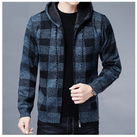 Men Sweater Jacket Fashion Winter Coat Fleece Hoodies High Quality Luxury Checkered Hooded Knit Cardigan Male Outer Wear
