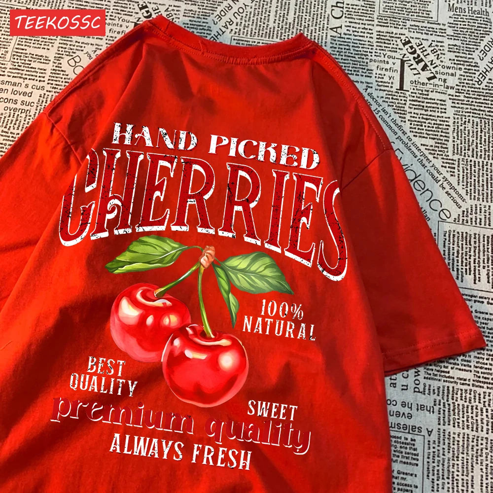 Summer Lemon Cherries Prints T-Shirts Cotton Women's Tops Oversize O-Neck Soft Short Sleeve tees Street Casual Womans Clothes