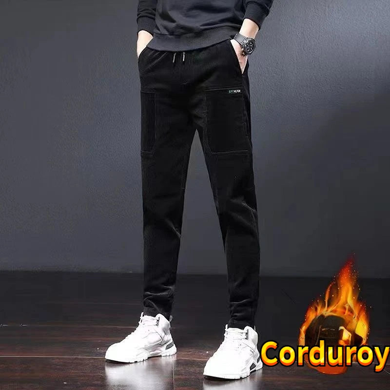 Winter Pants Men Work Wear Baggy Brushed Joggers Streetwear Elastic Waist Male Korean Designer Corduroy Plush Thicken Trousers