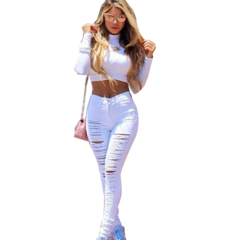 HOLE Denim Women 2025 High Waist Ripped Jeans for Women Skinny Black Pockets Jeans Woman Elastic Slim Jean Female Femme Pants