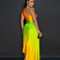 CM.YAYA Women Gradient Printed Pleated One Shoulder Roll Waist Maxi Irregular Big Swing Dress 2023 Sexy Party Vestidos Dresses